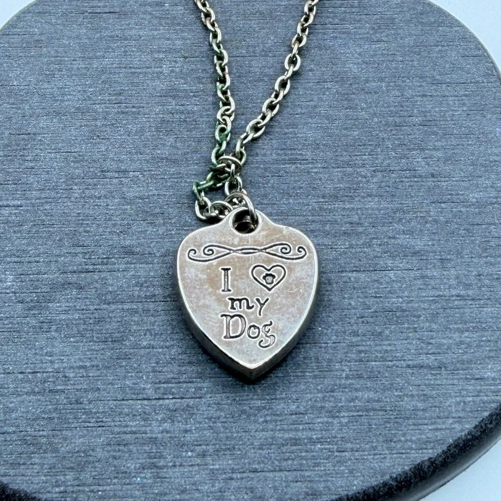 I Love My Dog Photo Frame Pendant Necklace Silver Tone Heart Pet Lover Jewelry